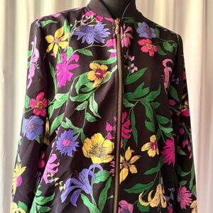 Susan Graver Front Zip Jacket, Black and Pink Floral, size Small